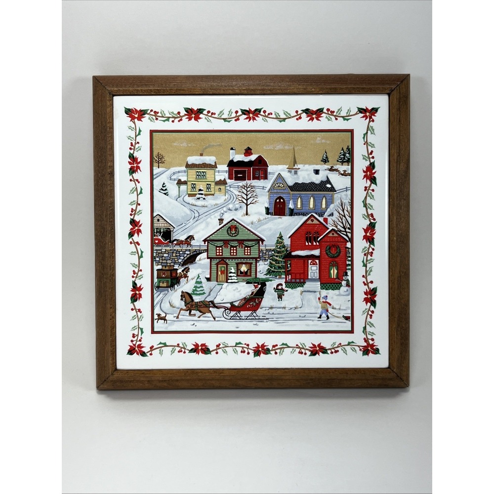 VTG Russ & Co Christmas Village Ceramic Tile Wall Trivet Holiday Folk Rustic - Picture 8 of 8